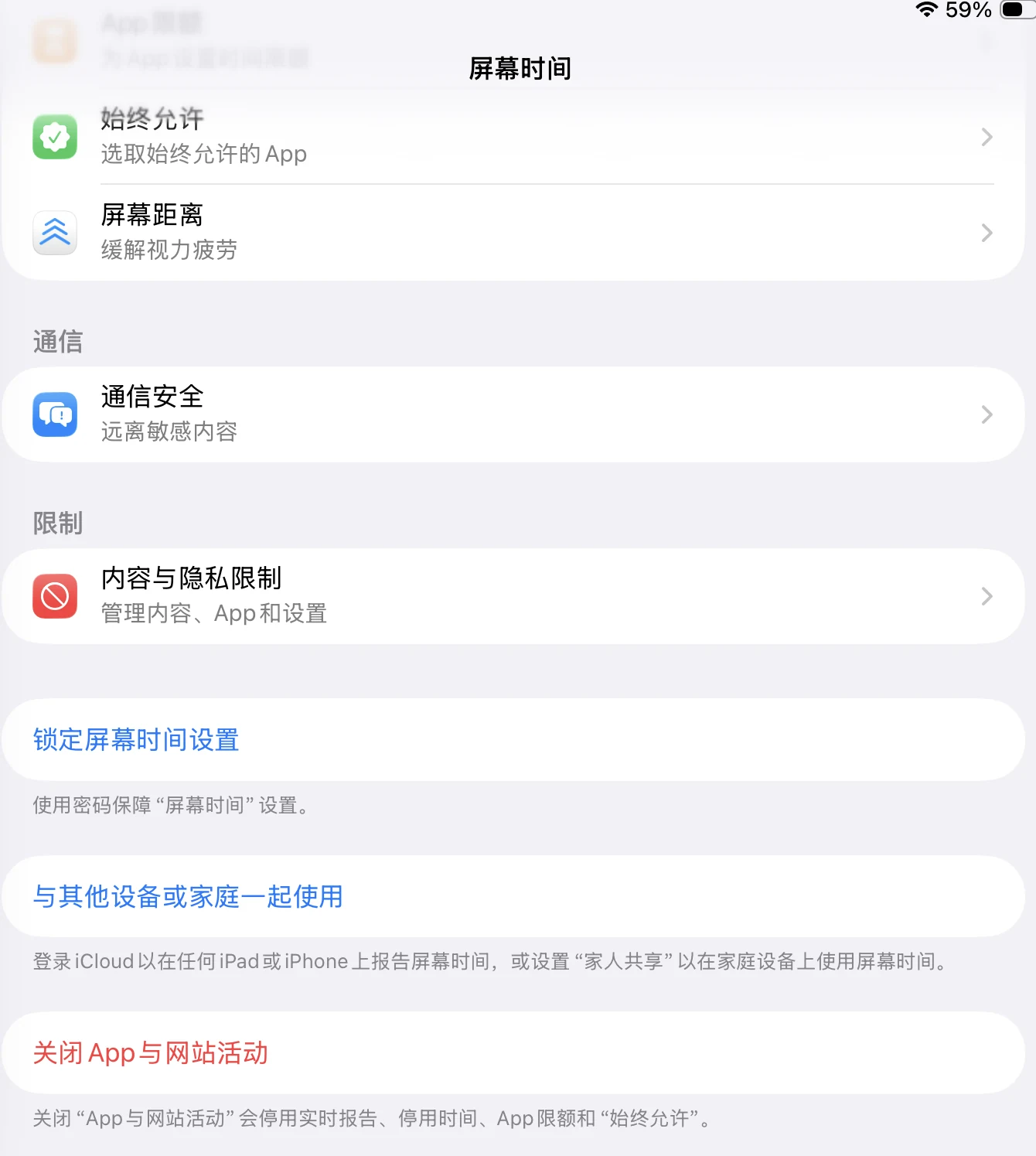 iPad 设置中的屏幕时间页面